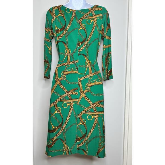 Ralph Lauren Faux Wrap Dress Womens 4 Green Horse Tack Equestrian Ruched Classic - Picture 4 of 16